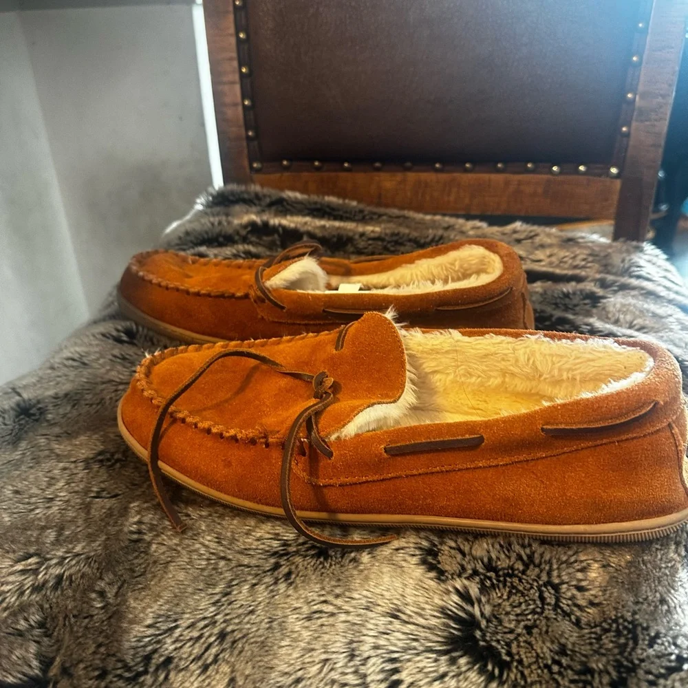 J. Crew Sherpa Lined Suede Brown Moccasin Slippers, Size 12